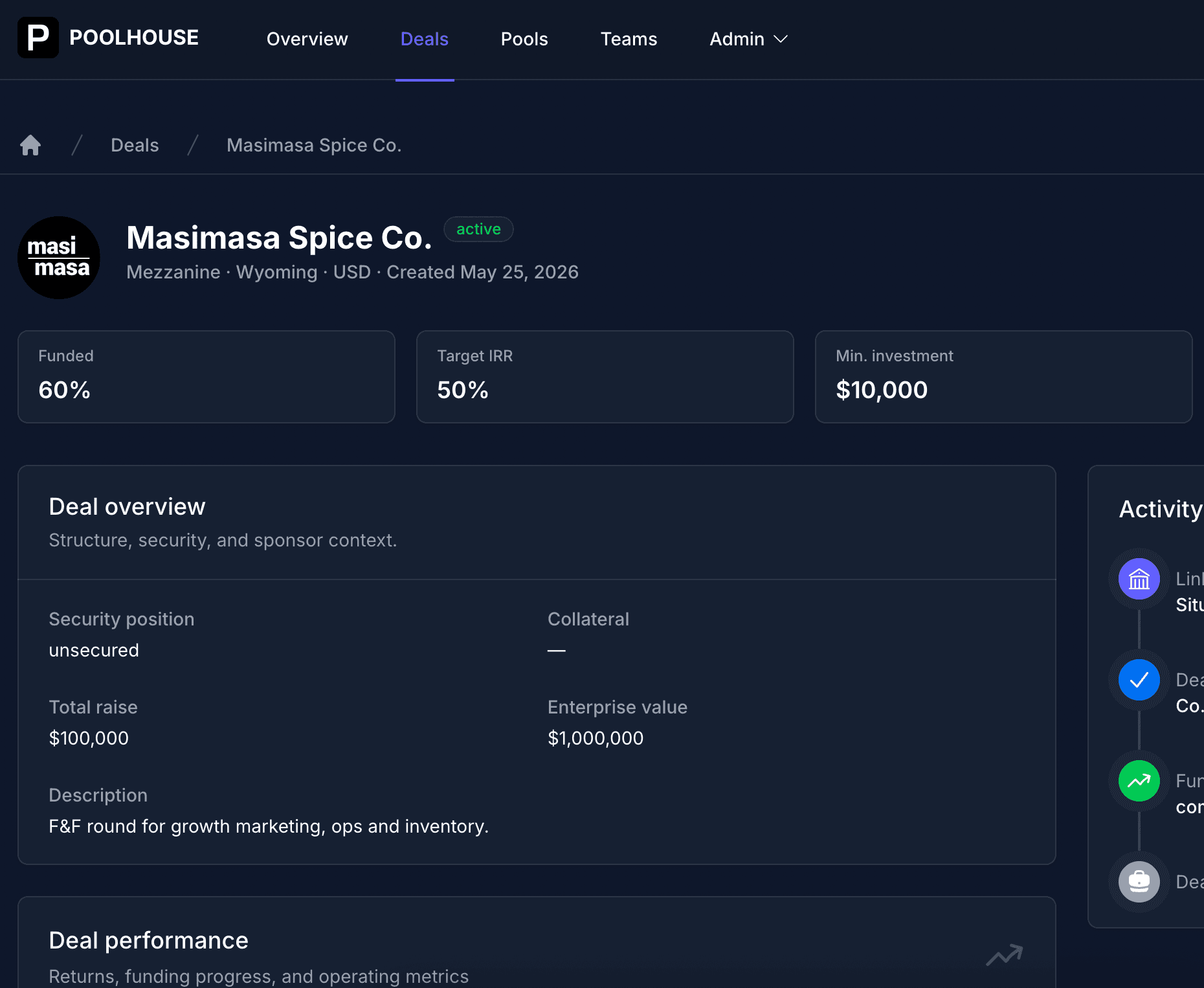 Screenshot of the POOLHOUSE platform deal view